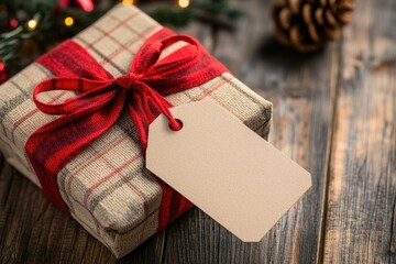 A beautifully wrapped gift with a red and plaid ribbon, placed on a rustic wooden surface during the holiday season