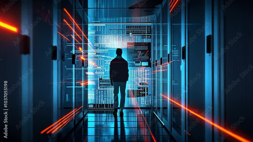 Poster A person walks through a dimly lit data center filled with illuminated servers and digital screens, creating an atmosphere of advanced technology and innovation in the late evening.