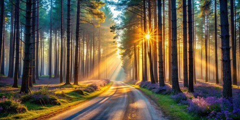 Obraz premium A sunlit path winds through a verdant forest, dappled with golden rays and blooming wildflowers, evoking a sense of tranquility and natural beauty.