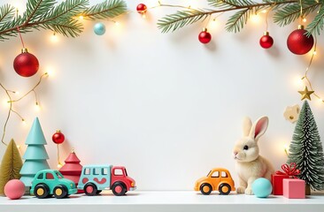 Fototapeta premium frame for text made from colourful kids toys, rabbit, toy cars, balls, cubes, with golden garland lights, on white Christmas background, festive golden bokeh
