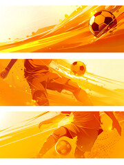Set of orange backgrounds for advertising banner. Soccer ball and soccer player in action pose. Sports competition concept. For sports marketing, poster, graphic, banner, ads. 
