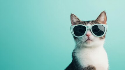 Portrait of a cat wearing oversized sunglasses, mint green studio backdrop, fun and trendy, oversized sunglasses, fresh backdrop, cat fashion, studio photography, copy space