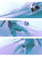 Set of purple backgrounds for advertising banner. Soccer ball and soccer player in action pose. Sports competition concept. For sports marketing, poster, graphic, banner, ads. 