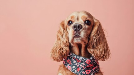 Portrait of a charming Cocker Spaniel wearing a patterned bandana, set on a pale pink studio backdrop with gentle lighting accentuating its affectionate expression, copy space.