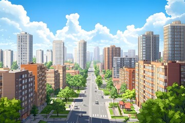 Obraz premium A View of a City Street with Tall Buildings and Lush Green Trees