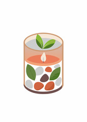 Scented wax candle in glass jar. Modern aromatic decoration with leaf, stones. Natural cozy decorative burning candlelight with flame. Flat vector illustration isolated on white background 

