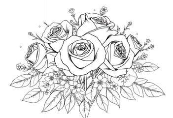 Black and White Floral Illustration Roses Bouquet Line Art Flowers Romantic Design