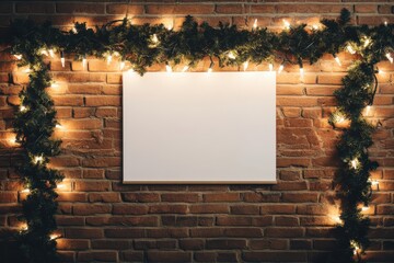 A blank canvas framed by festive garlands and warm lights on a brick wall, perfect for holiday creativity