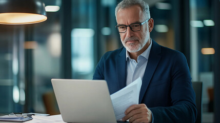 Fototapeta premium Businessman Working on Laptop and Paperwork in Office