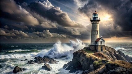 Naklejka premium A solitary lighthouse stands firm against the relentless fury of a stormy sea, its beacon a beacon of hope amidst the chaos.