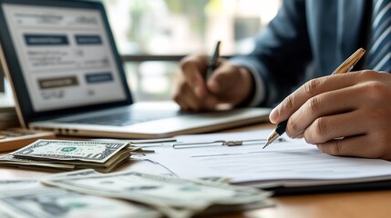 Detailed image of a rental agreement being signed with money and a rental property model on the table and a laptop showing rental listings in the background