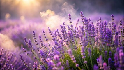 Naklejka premium A delicate lavender mist drifts upwards from a patch of overgrown lavender flowers, overgrowth, mist, garden