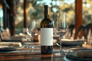 A beautifully set dining table featuring a wine bottle and elegant glassware in a serene outdoor setting at sunset