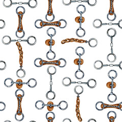Seamless pattern with watercolor illustration of golden snaffle, bit with D-Ring and circle rings. Equipment for horse riding set. Isolated. For cards, prints, decor © Елена Фаенкова