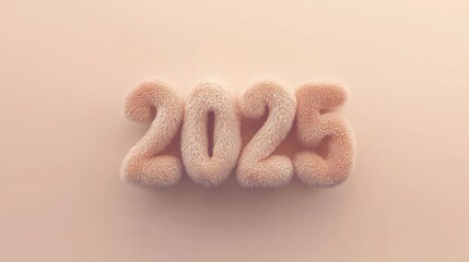 Festive numbers "2025" made of peachy fur on a light pink background. Luxurious Christmas party invitation digital card concept. Furry numbers symbolizing the beginning of a new year.