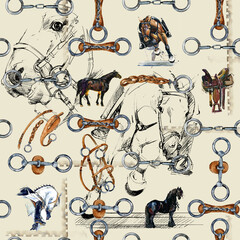 harness horse watercolor pattern. equestrian seamless background © Елена Фаенкова