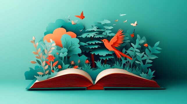 A pop-up book style artwork with 2D flat elements springing into 3D scenes