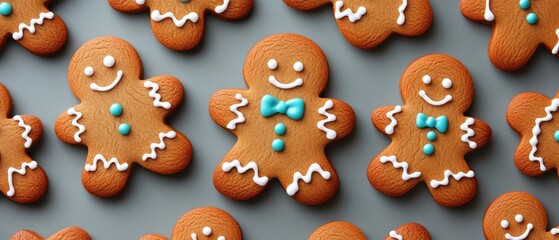 Fototapeta premium Gingerbread Man Cookies with White Icing and Blue Decorations, Festive Holiday Treats