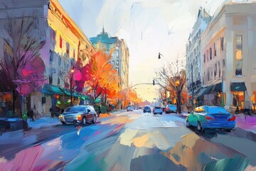 Fototapeta premium Vibrant winter cityscape at sunset with colorful trees and bustling street activity in a lively downtown area