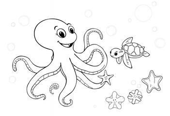 Fototapeta premium Cute Octopus and Turtle Cartoon Illustration for Coloring Book Ocean Animal Friends