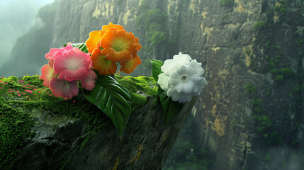 Vibrant flowers in orange, pink, and white on a mossy cliff, overlooking a misty canyon