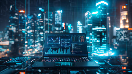 Futuristic laptop with financial charts and data, overlooking a glowing cityscape at night, technology concept