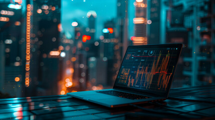 Laptop with stock market data graphs on screen, vibrant cityscape blurred in the background, nighttime
