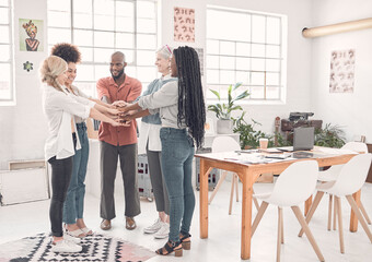Business people, hands and stack at startup with teamwork, diversity or excited with synergy in...