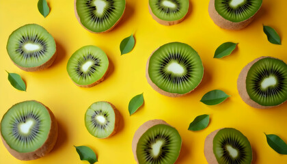 Fototapeta premium Kiwi Fruit Pattern on Yellow Background.