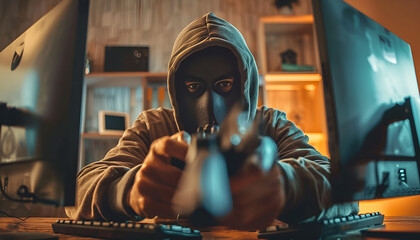 Dangerous masked criminals with weapon stealing computer from house