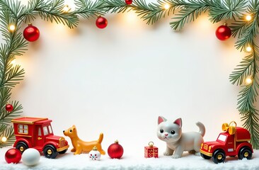 frame for text made from colourful kids toys,fluffy cats, toy cars, balls, cubes, with golden garland lights, on white Christmas background, festive golden bokeh