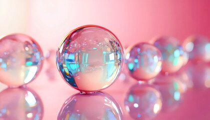 Iridescent Glass Balls on Pink Background.