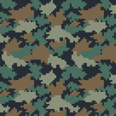 Digital pixel camouflage seamless fabric print pattern. Woodland military textile design. Modern camo uniform for soldiers in the war. Militaristic wallpaper flat vector illustration.