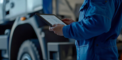 A mechanic with a tablet computer diagnoses the diesel engine of and industrial truck in a garage. Car repair concept in auto repair, Ai