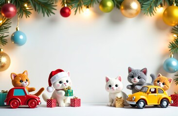 Fototapeta premium frame for text made from colourful kids toys,fluffy cats, toy cars, balls, cubes, with golden garland lights, on white Christmas background, festive golden bokeh