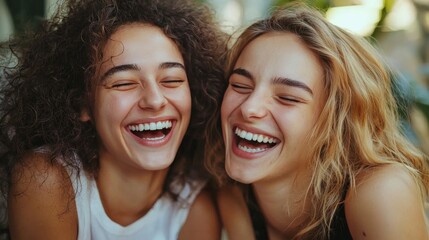 Fototapeta premium Two friends laughing and sharing stories, showing open emotional communication in their relationship