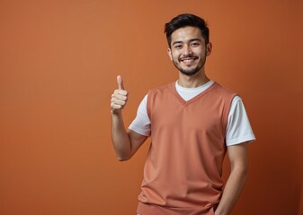 Fototapeta premium Cheerful Asian man with thumbs up gesture against orange background with copy space