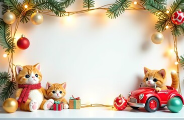 frame for text made from colourful kids toys,fluffy cats, toy cars, balls, cubes, with golden garland lights, on white Christmas background, festive golden bokeh