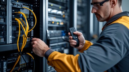 Close-up of IT Professional Testing Network Cables with Digital Multimeter, Servers and Switches in Background