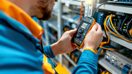 Skilled IT Professional Testing Network Cables with Digital Multimeter in Server Room
