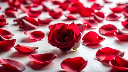 Red rose and petals spread on white background.