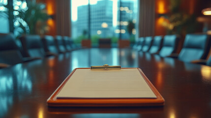 Closeup of notepad for agenda kept on table in empty corporate conference room before business meeting