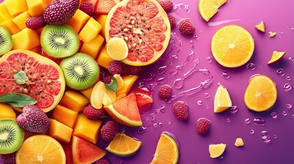 Realistic ftuys juice spray with spray image and ripe tropical fruits top view delicious fruit salad purple background