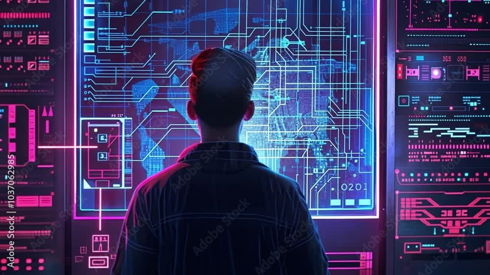 Poster A person stands in a high-tech room, focused on a large monitor displaying intricate digital data, illuminated by vibrant neon lights, indicating a late-night analysis session.
