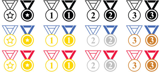 Medals icon set. Gold Silver Bronze and Star medal set with colorful Ribbon. Editable Awards Stroke Line and Fill Icons. Achievement symbol. Award logo.