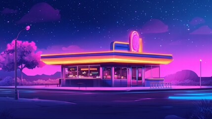 Neon Dreams: A Retro-Inspired Nightscape of an Iconic Diner Bathed in Vibrant Colors Against a Starry Sky