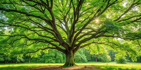 Obraz premium A mature tree standing tall with lush green leaves and branches in a serene forest environment, forestry, conservation