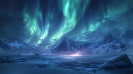Obraz premium A vibrant aurora weaving through the sky above a peaceful frozen lake