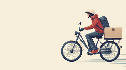 Obraz premium cyclist in red jacket rides bicycle with box on back, showcasing modern delivery style. scene conveys sense of movement and urban lifestyle