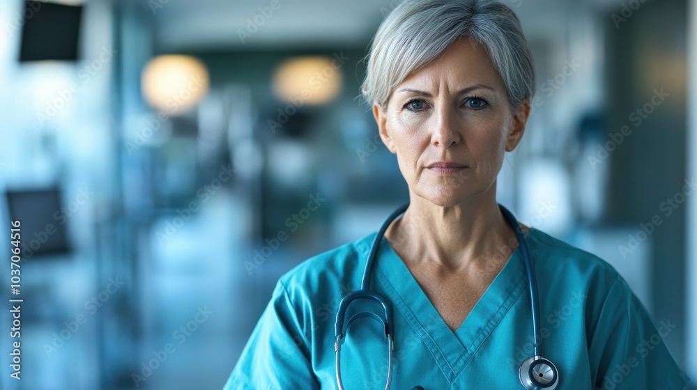 Wall mural a confident middle-aged female doctor in scrubs stands in a hospital setting, displaying professiona